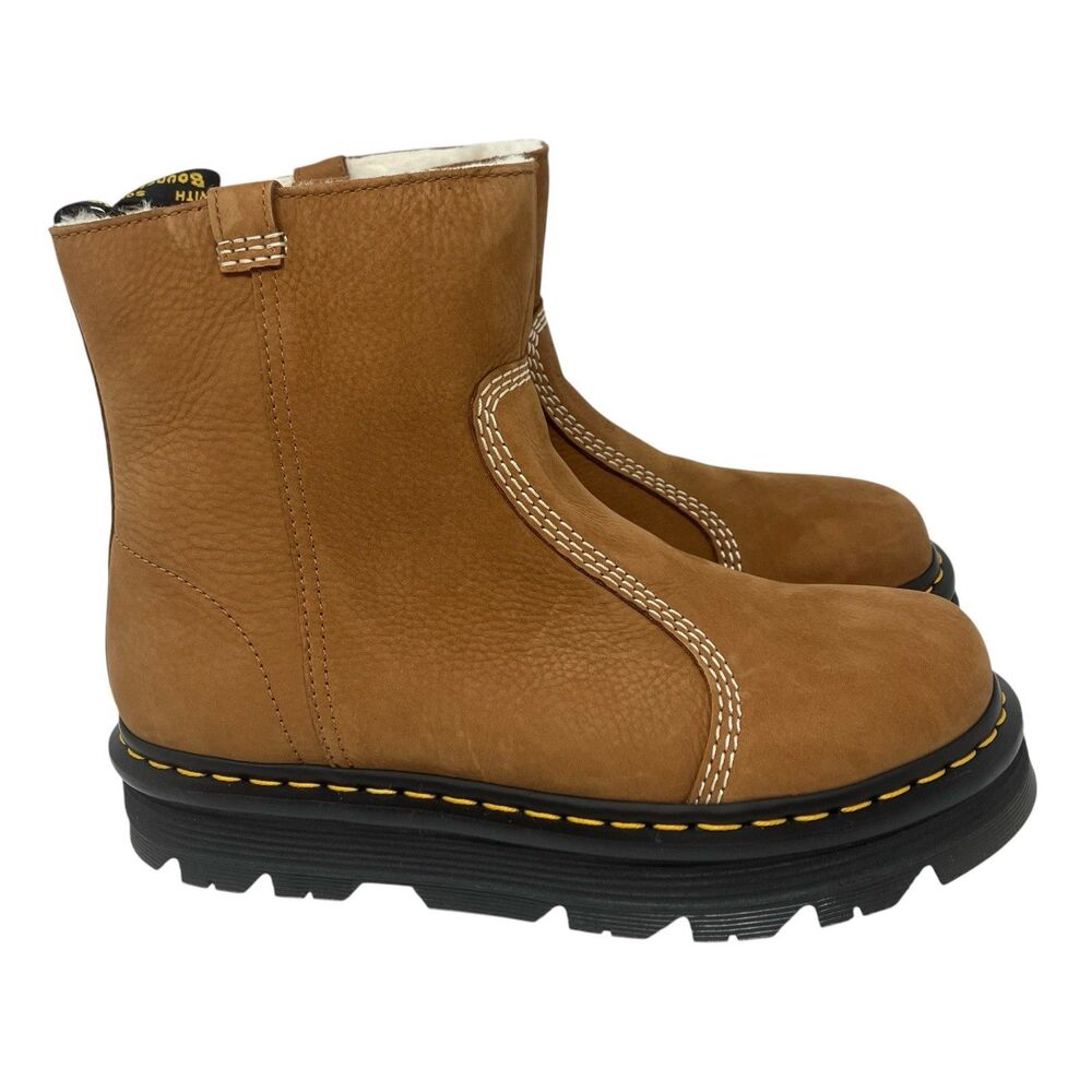 Dr Martens Ankle Boots Womens 11 Brown Leather Faux Fur Lined Zebzag Rigger New